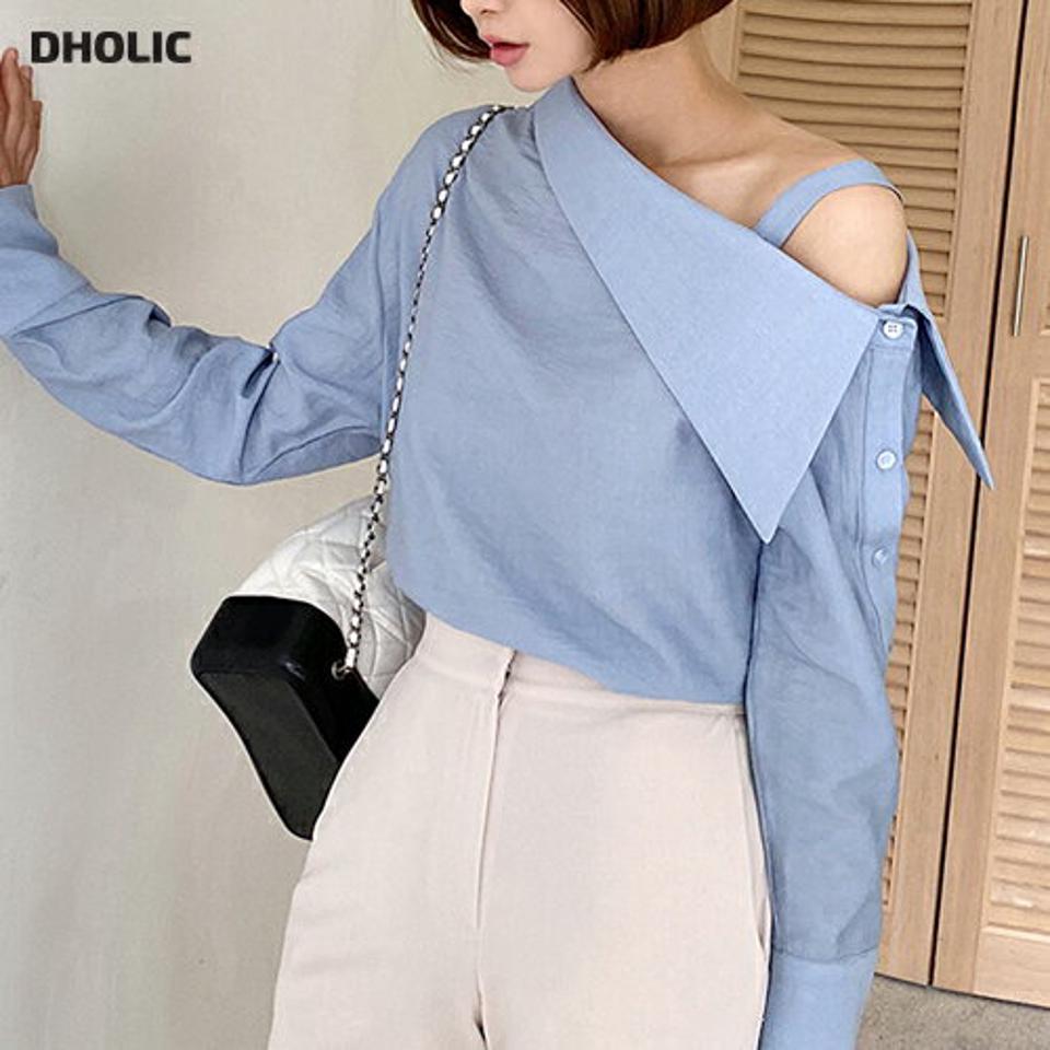 アンバランスワンショルカラーブラウス・全3色・b67279 レディース 【bl】韓国ファッション トップス ブラウス 長袖 カラーネック アンバランス ワンショルカラー 可愛い かわいい フレア 無地 シンプル カジュアル フェミニン 春 秋