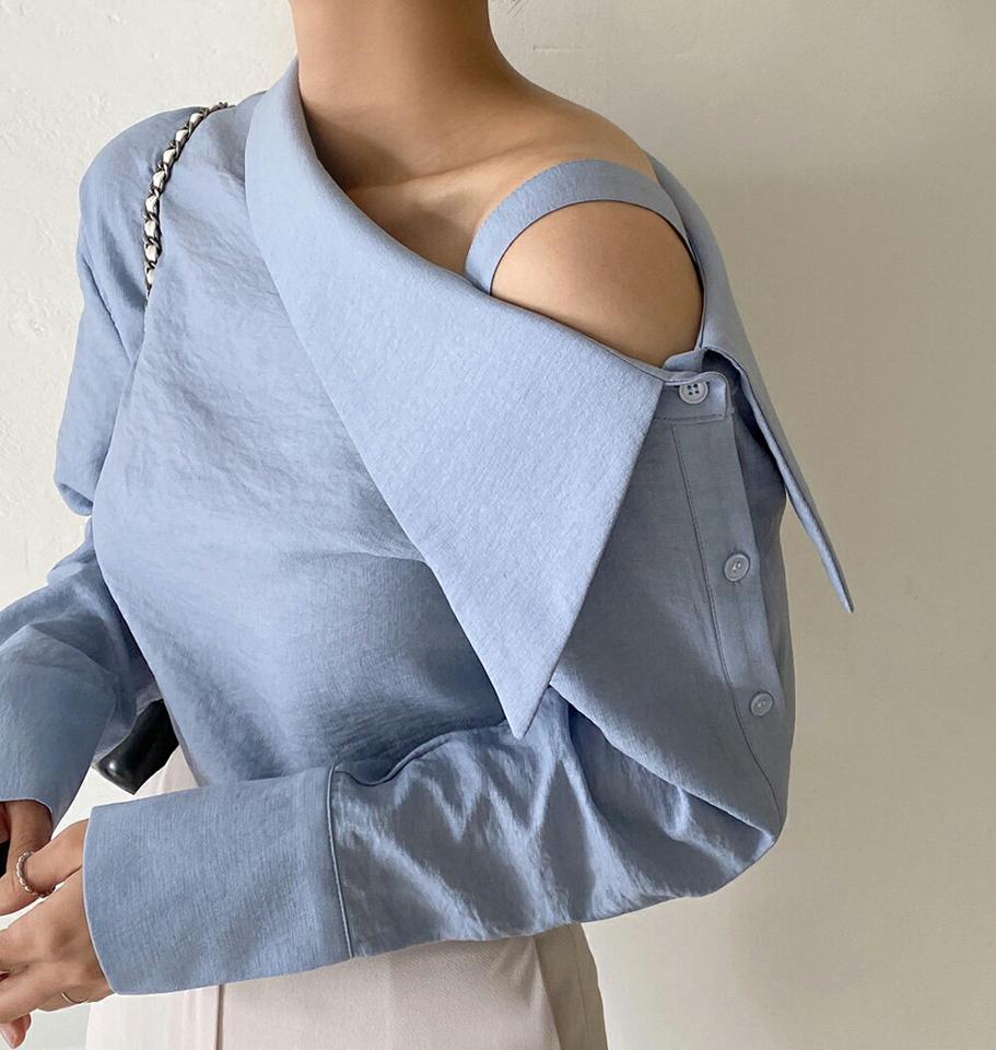 アンバランスワンショルカラーブラウス・全3色・b67279 レディース 【bl】韓国ファッション トップス ブラウス 長袖 カラーネック アンバランス ワンショルカラー 可愛い かわいい フレア 無地 シンプル カジュアル フェミニン 春 秋