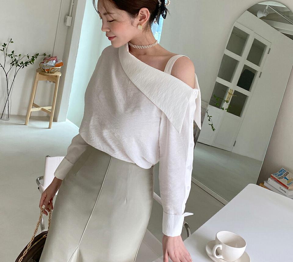 アンバランスワンショルカラーブラウス・全3色・b67279 レディース 【bl】韓国ファッション トップス ブラウス 長袖 カラーネック アンバランス ワンショルカラー 可愛い かわいい フレア 無地 シンプル カジュアル フェミニン 春 秋