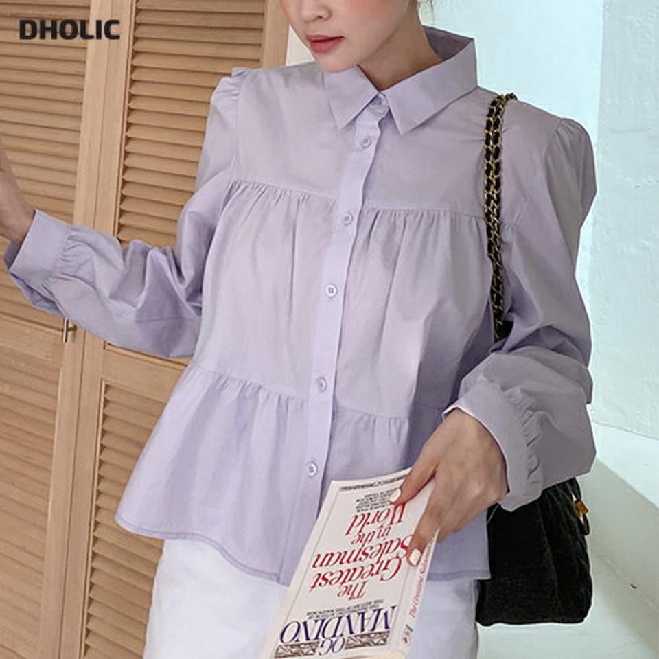 ティアードパフブラウス・全5色・t67280 レディース 【bl】韓国ファッション トップス ブラウス 長袖 カラーネック ティアード パフスリーブ 可愛い かわいい フレア 体型もカバー シンプル カジュアル フェミニン 春 秋