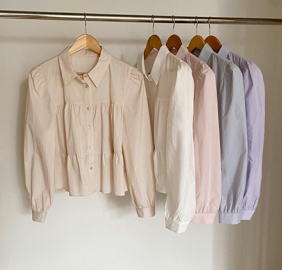 ティアードパフブラウス・全5色・t67280 レディース 【bl】韓国ファッション トップス ブラウス 長袖 カラーネック ティアード パフスリーブ 可愛い かわいい フレア 体型もカバー シンプル カジュアル フェミニン 春 秋