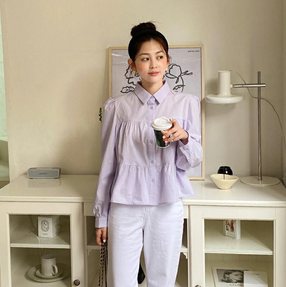 ティアードパフブラウス・全5色・t67280 レディース 【bl】韓国ファッション トップス ブラウス 長袖 カラーネック ティアード パフスリーブ 可愛い かわいい フレア 体型もカバー シンプル カジュアル フェミニン 春 秋