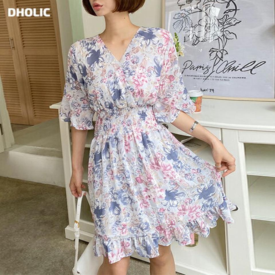 フローラルシャーリングカシュクールワンピース・全2色・t67359 レディース 【ops】韓国ファッション ワンピース ミディ ミディワンピース 半袖 Vネック 花柄 フラワー フローラル シャーリング カシュクール ミディ丈 可愛い シンプル 夏 春 秋