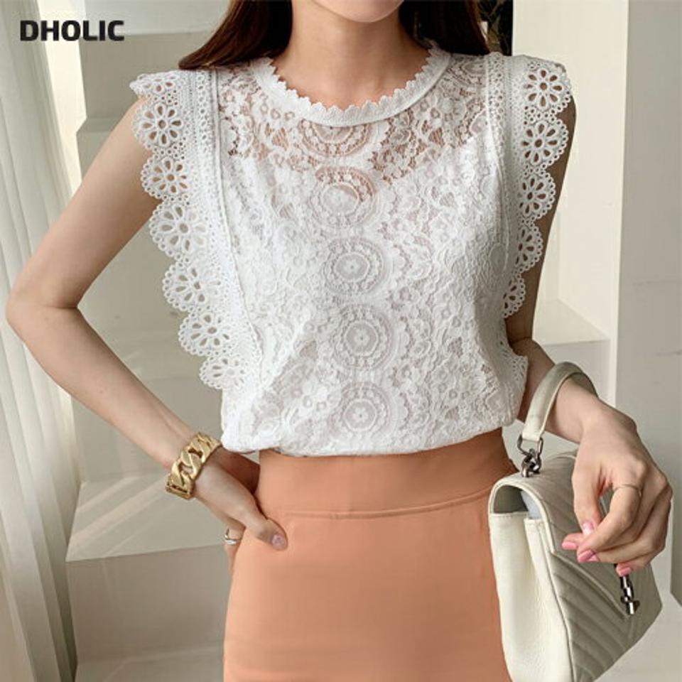 フラワーレースブラウス・全3色・b00478 レディース 【bl】ブラウス トップス 単色 模様 柄 レース 総レース 花 ノースリーブ スリーブレス 春 夏 フェミニン 上品 爽やか 裏地 大人っぽ かわいい 可愛い 韓国ファッション ハイホリHIHOLLI