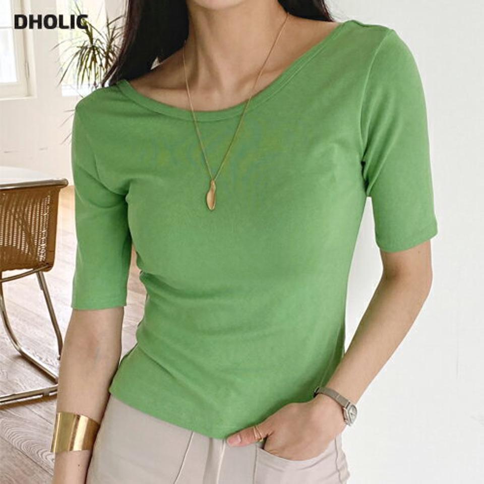 2WAYネックT半袖シャツ・全4色・t00483 レディース 【tops】トップス 半袖 Tシャツ 単色 無地 シンプル ベーシック 2WAY 前後着用 レーヨンブレンド クロップド丈 春 夏 フェミニン カジュアル 韓国ファッション ハイホリHIHOLLI