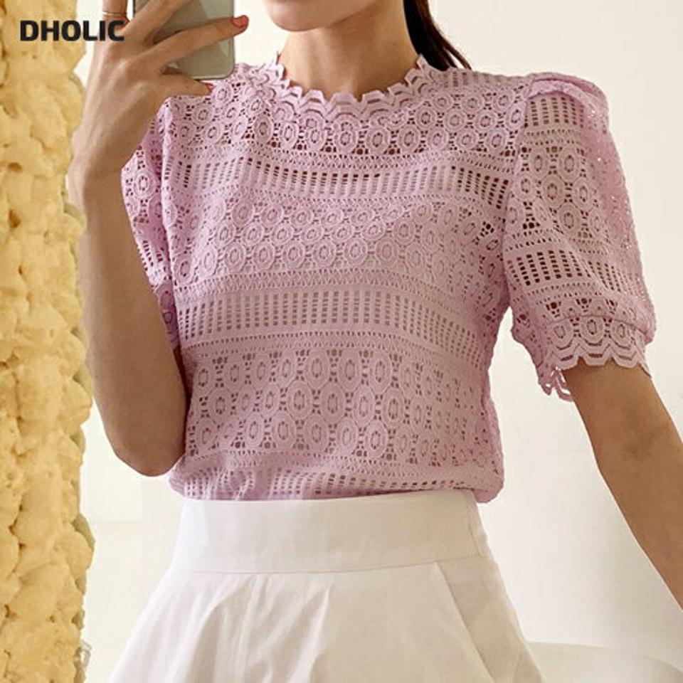 シースルーレースパフブラウス・全3色・t00485 レディース 【bl】ブラウス トップス 半袖 レース 柄 模様 総レース シースルー 透け感 シースルー パフ袖 パフスリーブ 単色 春 夏 フェミニン ガーリー パステル 韓国ファッション ハイホリHIHOLLI