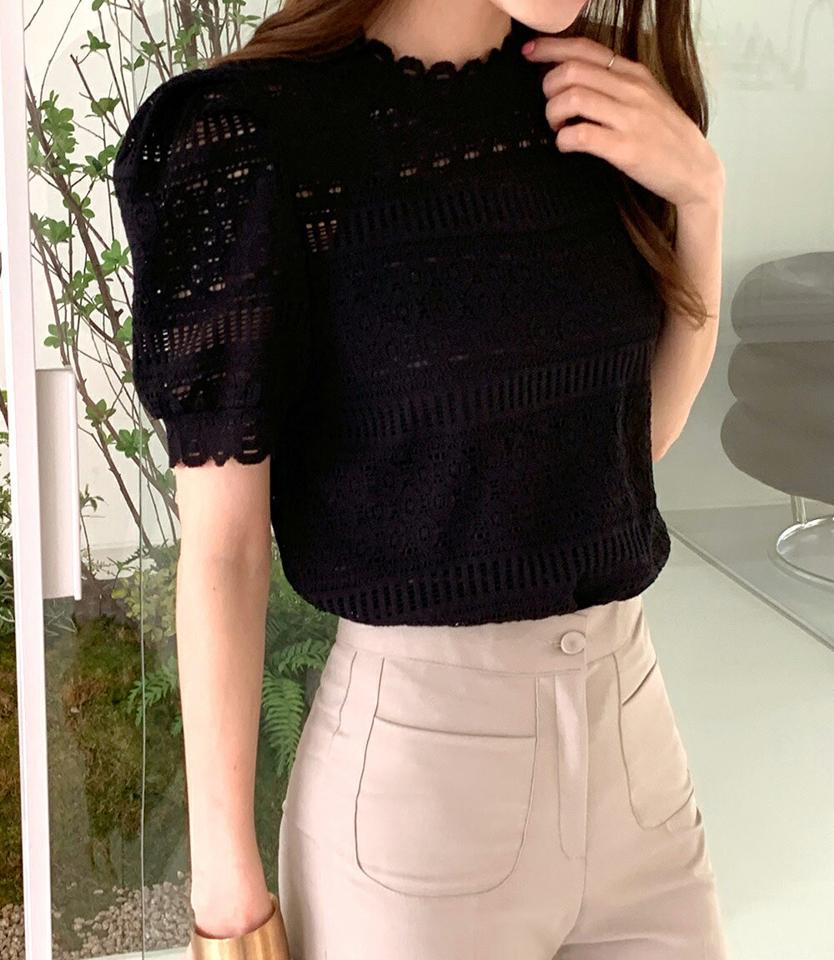 シースルーレースパフブラウス・全3色・t00485 レディース 【bl】ブラウス トップス 半袖 レース 柄 模様 総レース シースルー 透け感 シースルー パフ袖 パフスリーブ 単色 春 夏 フェミニン ガーリー パステル 韓国ファッション ハイホリHIHOLLI