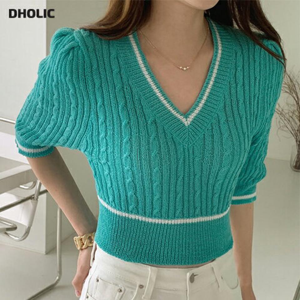 配色Vネックロップドニット・全5色・b00486 レディース 【tops】トップス ニット 半袖 配色 ライン 模様 柄 Vネック 鎖骨 デコルテ クロップド丈 カジュアル かわいい 可愛い 春 夏 韓国ファッション ハイホリHIHOLLI