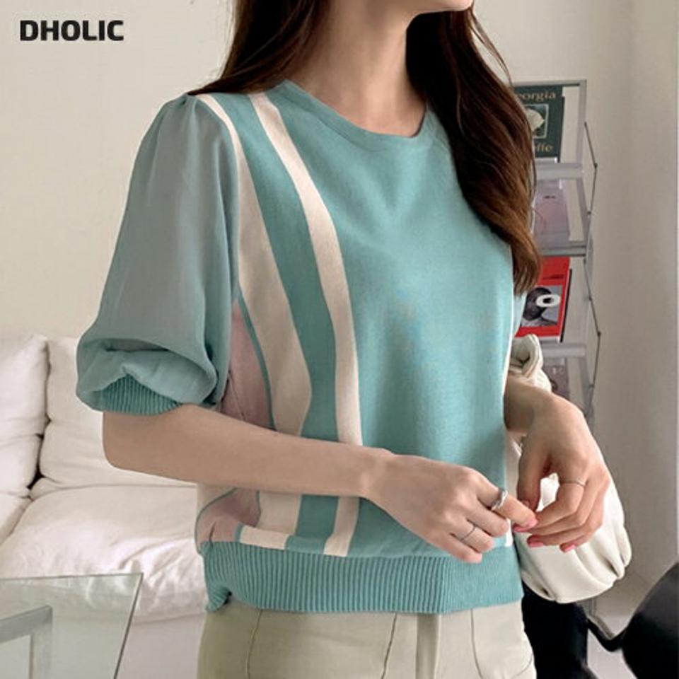 【スーパーセール特価】配色シアースリーブニット・全3色・b00487 レディース 【tops】ニット トップス 半袖 単色 シアー パフスリーブ パフ袖 透け感 配色 ライン 春 夏 パステル カジュアル フェミニン きれいめ 大人っぽ 韓国ファッション ハイホリHIHOLLI