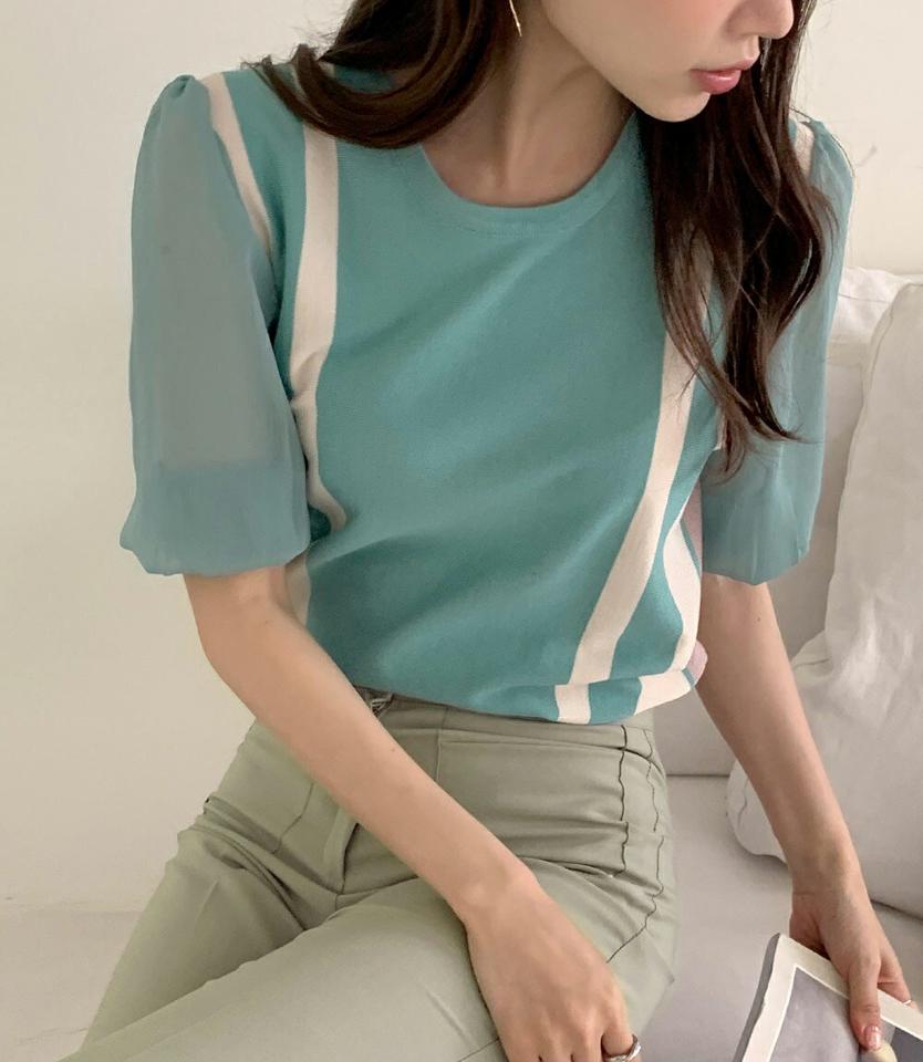 【スーパーセール特価】配色シアースリーブニット・全3色・b00487 レディース 【tops】ニット トップス 半袖 単色 シアー パフスリーブ パフ袖 透け感 配色 ライン 春 夏 パステル カジュアル フェミニン きれいめ 大人っぽ 韓国ファッション ハイホリHIHOLLI