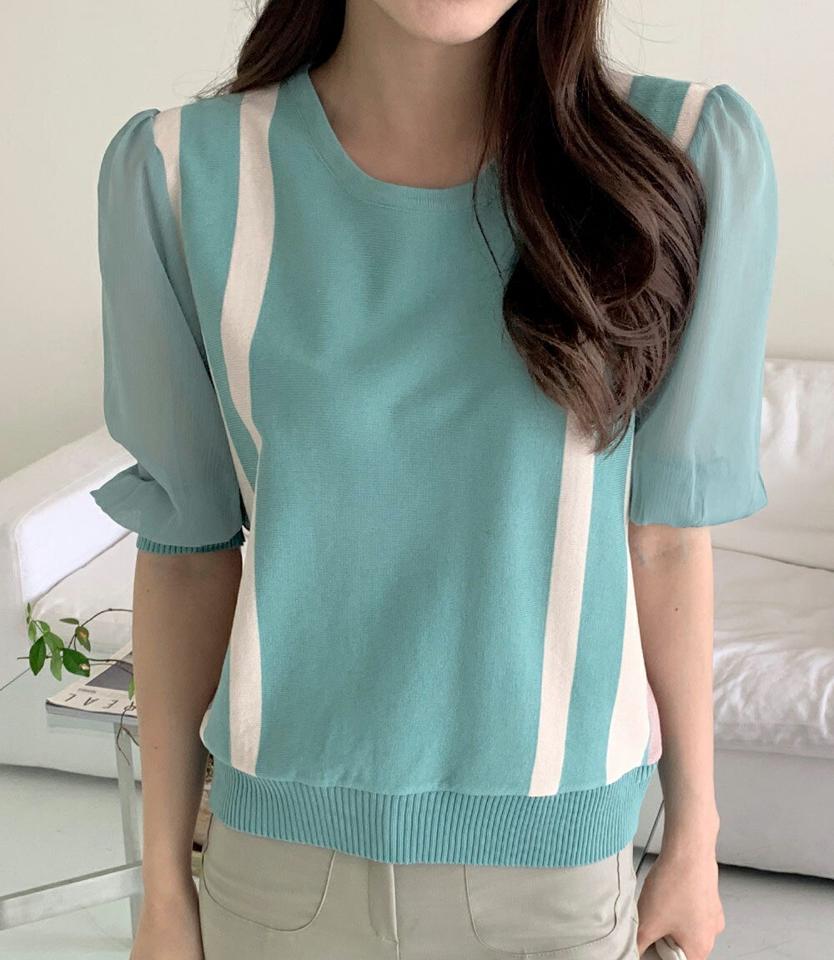 【スーパーセール特価】配色シアースリーブニット・全3色・b00487 レディース 【tops】ニット トップス 半袖 単色 シアー パフスリーブ パフ袖 透け感 配色 ライン 春 夏 パステル カジュアル フェミニン きれいめ 大人っぽ 韓国ファッション ハイホリHIHOLLI