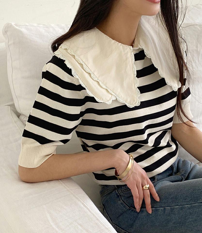 2TYPE襟付半袖ニット・全2色・t00489 レディース 【tops】トップス 半袖 ニット 襟 襟コン 柄 模様 ボーダー レース 無地 シンプル 単色 ベーシック 2WAY 春 夏 カジュアル フェミニン ガーリー 韓国ファッション ハイホリHIHOLLI