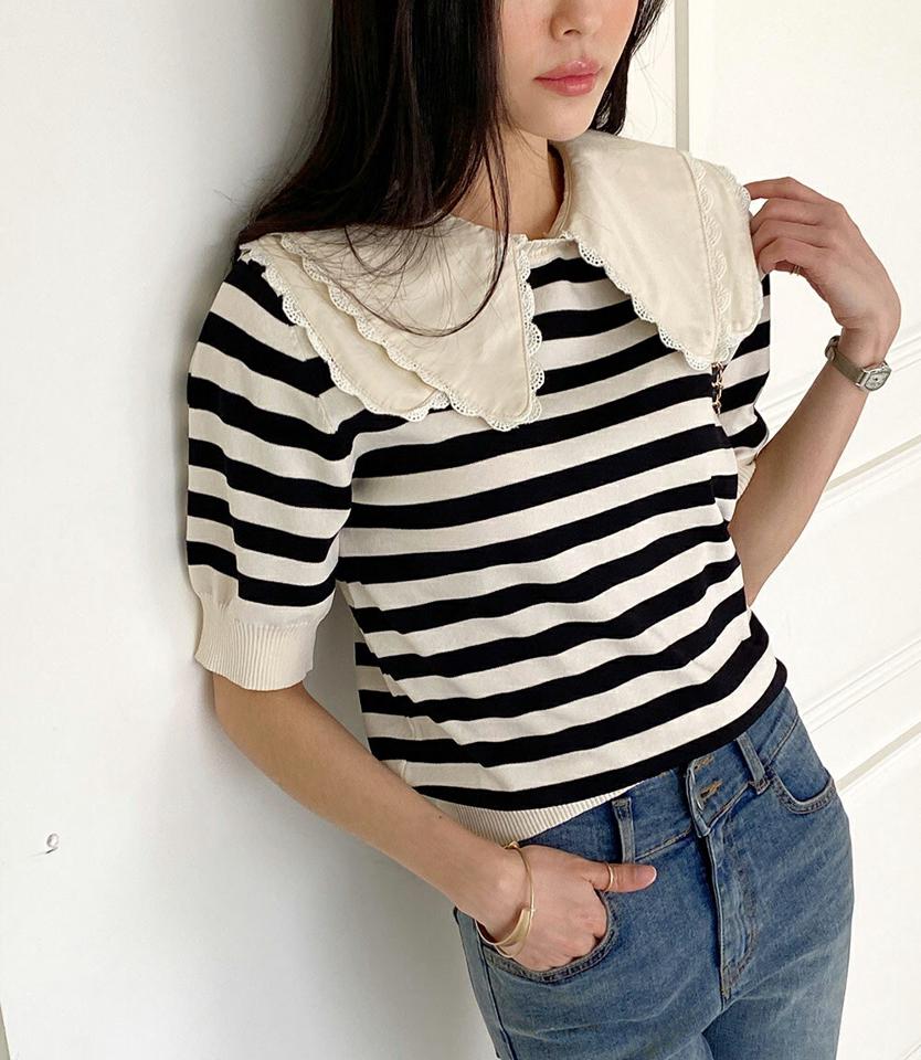 2TYPE襟付半袖ニット・全2色・t00489 レディース 【tops】トップス 半袖 ニット 襟 襟コン 柄 模様 ボーダー レース 無地 シンプル 単色 ベーシック 2WAY 春 夏 カジュアル フェミニン ガーリー 韓国ファッション ハイホリHIHOLLI