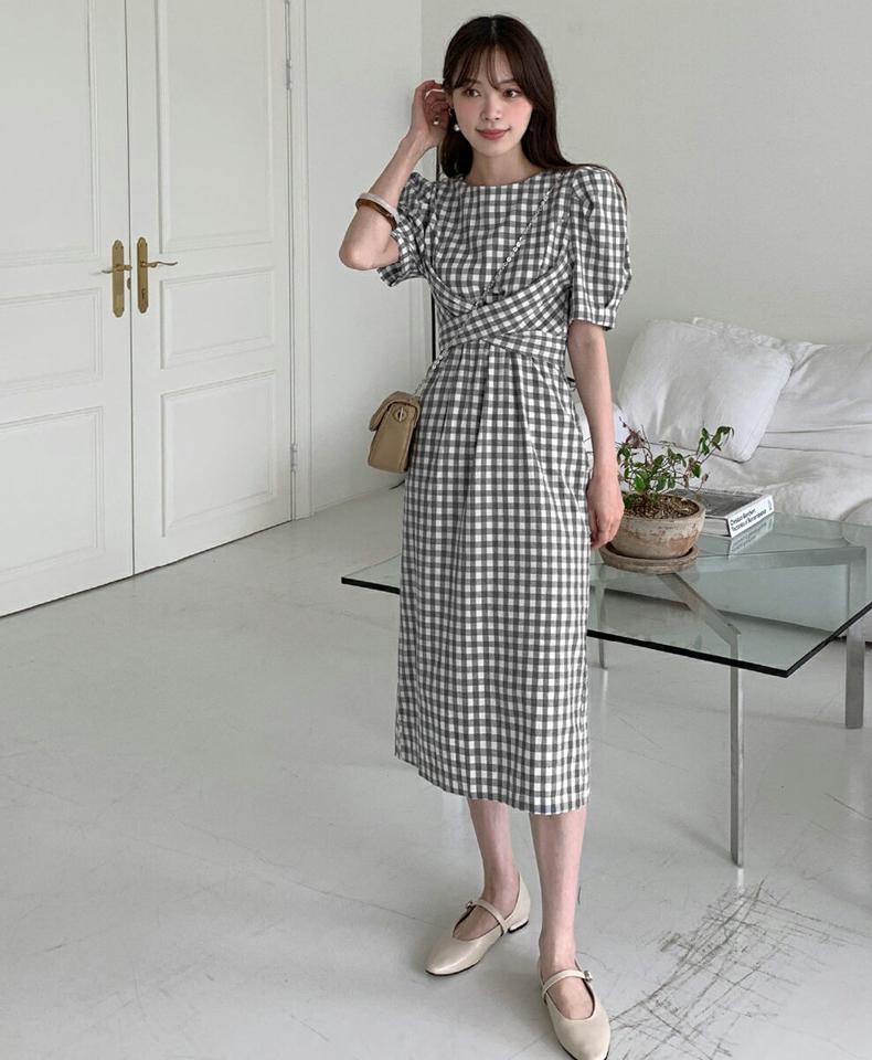 【10%OFF】≪人気商品再入荷≫ギンガムチェックリボンワンピース・全3色・t00491 レディース 【ops】ワンピース 半袖 ロング丈 チェック 柄 模様 パフスリーブ パフ袖 リボン ギンガムチェック 春 夏 フェミニン ガーリー 韓国ファッション ハイホリHIHOLLI kw