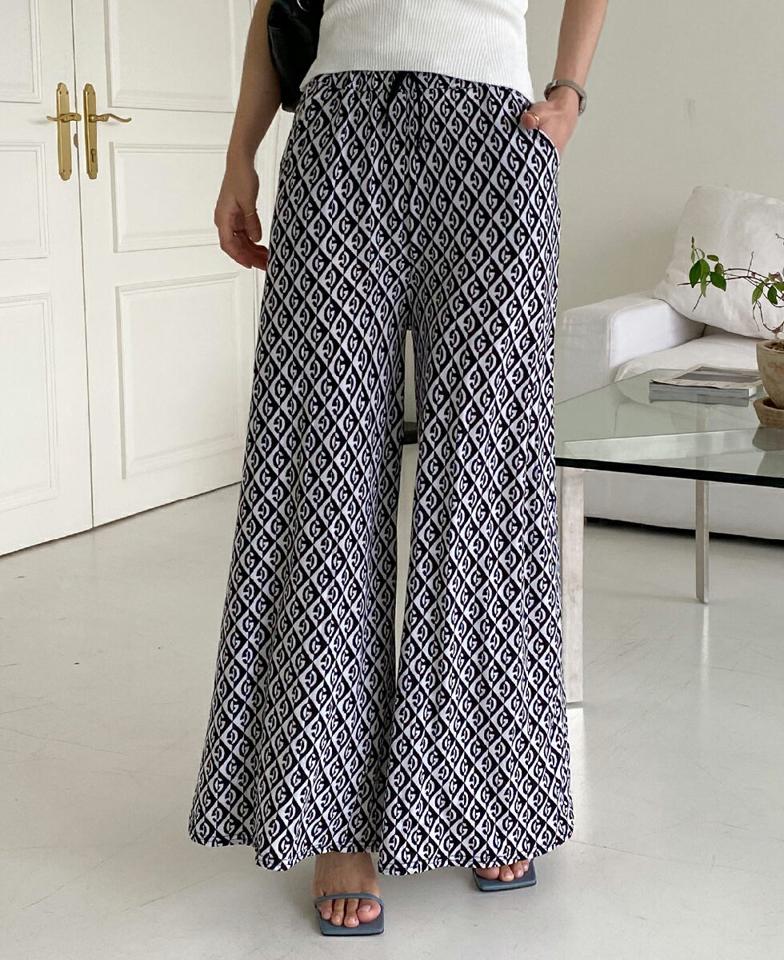 2TYPEパターンフレアパンツ・全3色・t00502 レディース 【pt】パンツ ロング丈 フレア 柄 模様 ドット 揺れ感 ウエストゴム 楽ちん ラフ ハイウエスト ストリング ゆったり 体型カバー カジュアル 春 夏 大人っぽ 韓国ファッション ハイホリHIHOLLI