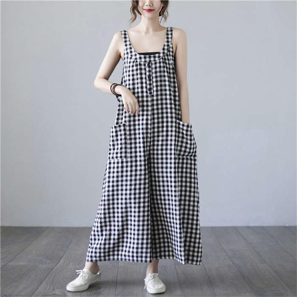 サロペット パンツ レディース チェック柄 夏 ノースリーブ ノーカラー ロング丈 ワイドパンツ ガウチョ オールインワン ワンピ チェック ロングワンピ 綿麻 おしゃれ 大人 シンプル カジュアル 膝下丈 体型カバー ゆったり 20代 30代 40代 50代 60代 F