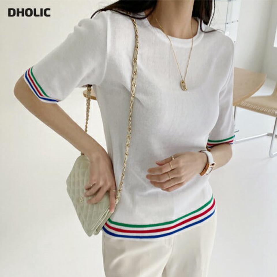 配色ラインニット・全2色・b72030 レディース 【tops】トップス 半袖 配色 ライン Tシャツ ニット 模様 柄 シンプル 春 夏 カジュアル 薄手 ボーダー アイボリー ネイビー 爽やか 3色 韓国ファッション ハイホリHIHOLLI