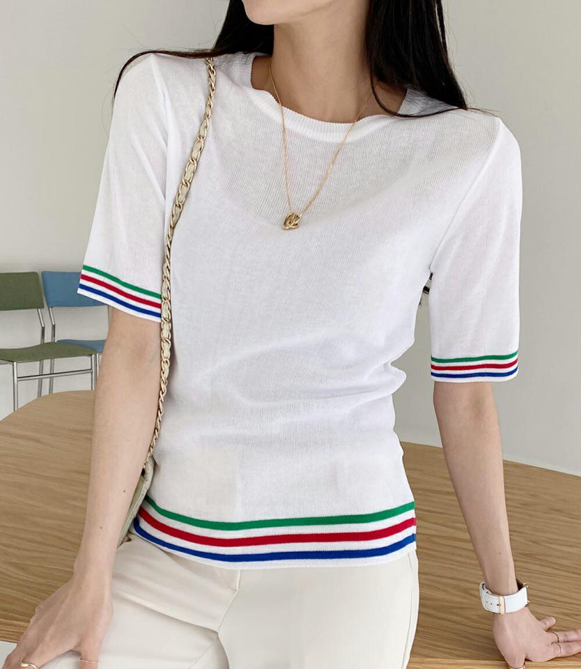 配色ラインニット・全2色・b72030 レディース 【tops】トップス 半袖 配色 ライン Tシャツ ニット 模様 柄 シンプル 春 夏 カジュアル 薄手 ボーダー アイボリー ネイビー 爽やか 3色 韓国ファッション ハイホリHIHOLLI