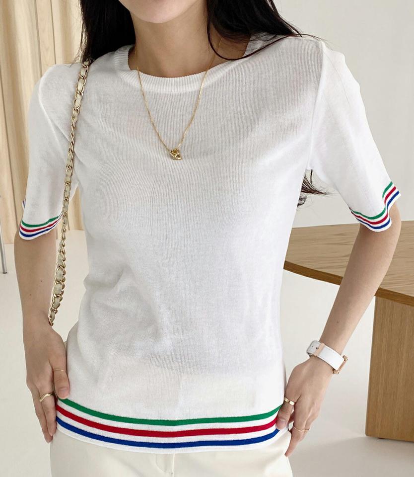 配色ラインニット・全2色・b72030 レディース 【tops】トップス 半袖 配色 ライン Tシャツ ニット 模様 柄 シンプル 春 夏 カジュアル 薄手 ボーダー アイボリー ネイビー 爽やか 3色 韓国ファッション ハイホリHIHOLLI