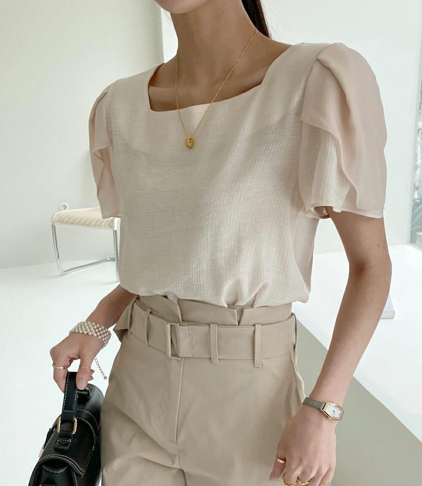 チューリップスリーブブラウス・全3色・t72033 レディース 【bl】ブラウス トップス 半袖 単色 無地 シンプル ベーシック オフィス パステル チューリップ 二の腕カバー スクエアネック デコルテ 春 夏 フェミニン 韓国ファッション ハイホリHIHOLLI