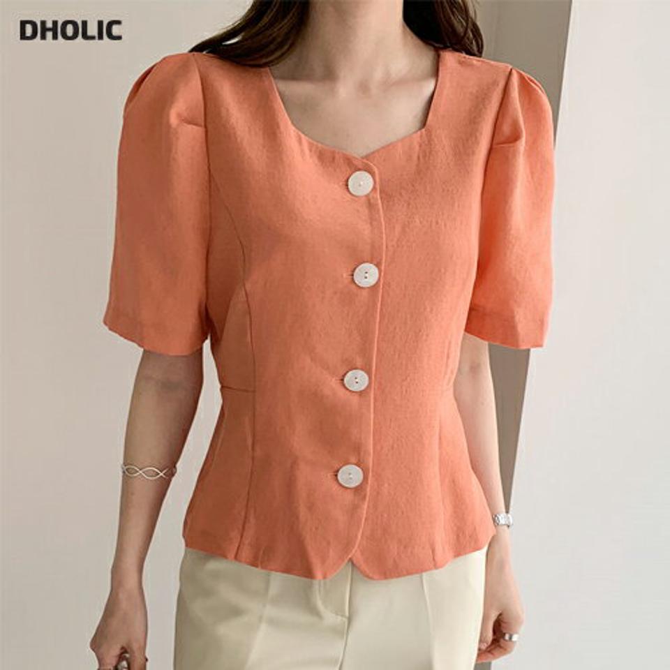 ペンタゴンネックパフブラウス・全5色・t72035 レディース 【bl】ブラウス トップス 半袖 ペンタゴンネック パフスリーブ パフ袖 ボタン 配色 鎖骨 デコルテ オフィスカジュアル クロップド丈 春 夏 フェミニン 上品 韓国ファッション ハイホリHIHOLLI