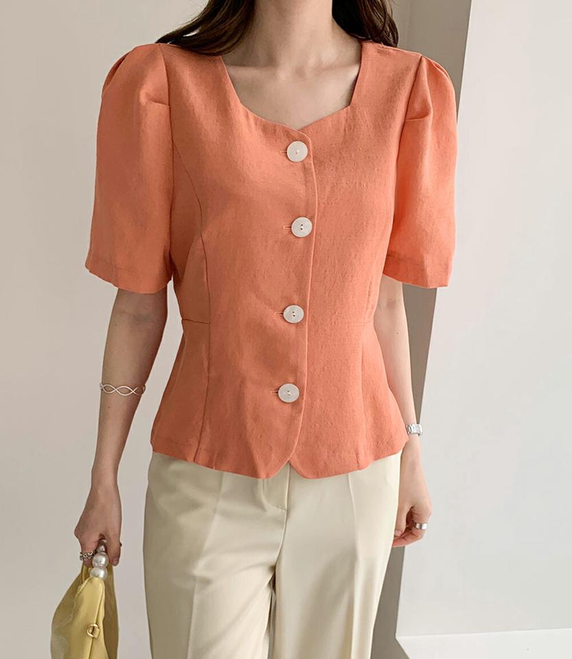 ペンタゴンネックパフブラウス・全5色・t72035 レディース 【bl】ブラウス トップス 半袖 ペンタゴンネック パフスリーブ パフ袖 ボタン 配色 鎖骨 デコルテ オフィスカジュアル クロップド丈 春 夏 フェミニン 上品 韓国ファッション ハイホリHIHOLLI