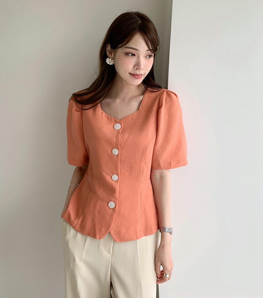 ペンタゴンネックパフブラウス・全5色・t72035 レディース 【bl】ブラウス トップス 半袖 ペンタゴンネック パフスリーブ パフ袖 ボタン 配色 鎖骨 デコルテ オフィスカジュアル クロップド丈 春 夏 フェミニン 上品 韓国ファッション ハイホリHIHOLLI