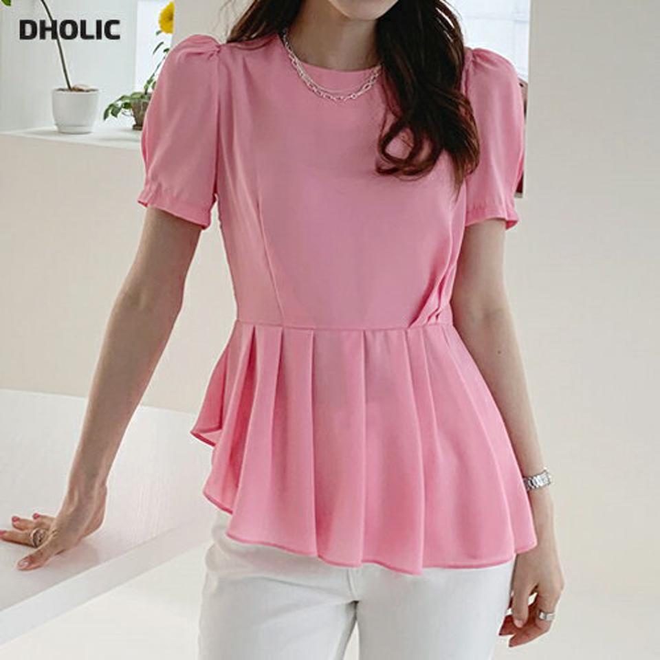 プリーツブラウス・全3色・t72036 レディース 【bl】ブラウス トップス 半袖 プリーツ 無地 シンプル オフィスカジュアル パフスリーブ パフ袖 パステル ピンク 春 夏 フェミニン 上品 お腹カバー 韓国ファッション ハイホリHIHOLLI