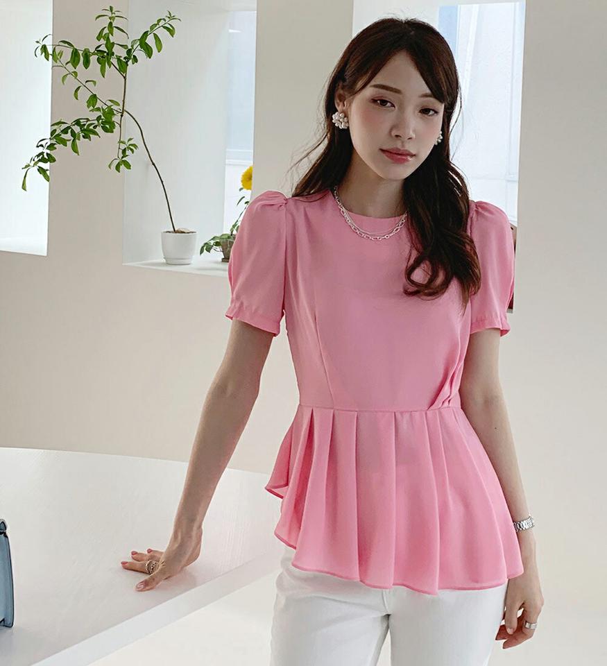 プリーツブラウス・全3色・t72036 レディース 【bl】ブラウス トップス 半袖 プリーツ 無地 シンプル オフィスカジュアル パフスリーブ パフ袖 パステル ピンク 春 夏 フェミニン 上品 お腹カバー 韓国ファッション ハイホリHIHOLLI