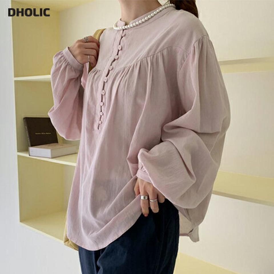 コットンバンドカラーブラウス・全2色・t72037 レディース 【bl】ブラウス トップス 長袖 ボタン 単色 無地 シンプル ベーシック パステル コットン 綿 ギャザー ゆったり 体型カバー 春 夏 秋 フェミニン 上品 大人 韓国ファッション ハイホリHIHOLLI