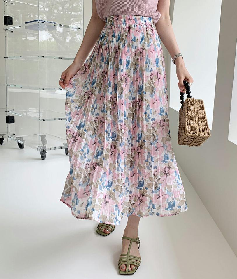 フローラルプリーツスカート・全2色・b72052 レディース 【sk】スカート ロング丈 柄 模様 花柄 フローラル プリーツ 揺れ感 シフォン ウエストゴム 楽ちん 体型カバー 春 夏 フェミニン きれいめ 大人 ピンク 上品 韓国ファッション ハイホリHIHOLLI