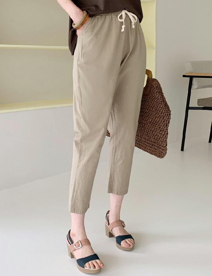 コットン混ウエストゴムクロップドパンツ・全4色・b72053 レディース 【pt】パンツ ロング丈 単色 無地 シンプル ベーシック ウエストゴム 紐 ひも コットン混 クロップド丈 ハイウエスト 春 夏 カジュアル 大人っぽ 韓国ファッション ハイホリHIHOLLI