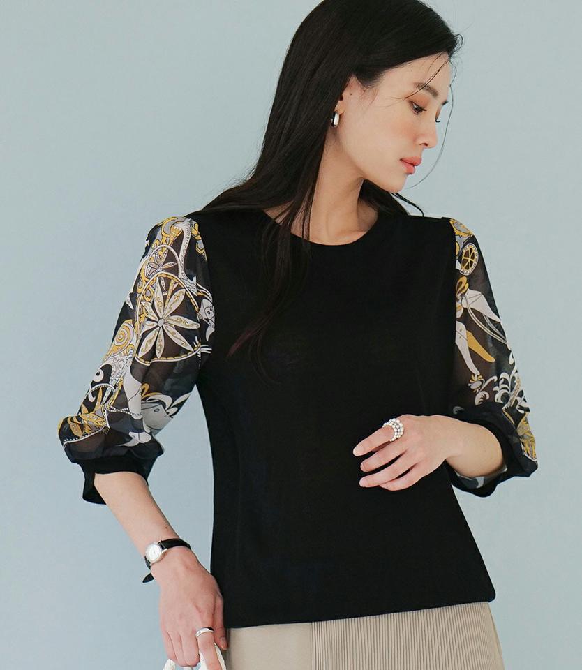 【10%OFF】エスニックパターン7分袖ニット・全4色・b00287 レディース 【tops】トップス 七分丈 7分丈 7分袖 七分袖 エスニック 模様 柄 異素材 シースルー 透け感 サマーニット 春 夏 カジュアル 大人っぽ フェミニン 韓国ファッション ハイホリHIHOLLI knセール