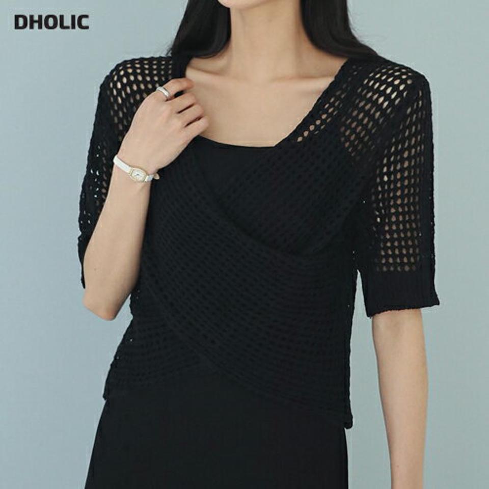 ネットクロップドラップニット・全2色・b00280 レディース 【tops】トップス 半袖 ニット 透け感 シアー ネット クロップド丈 ラップ 鎖骨 デコルテ 肌見せ 単色 柄 模様 Vネック 春 夏 カジュアル 大人っぽ 韓国ファッション ハイホリHIHOLLI