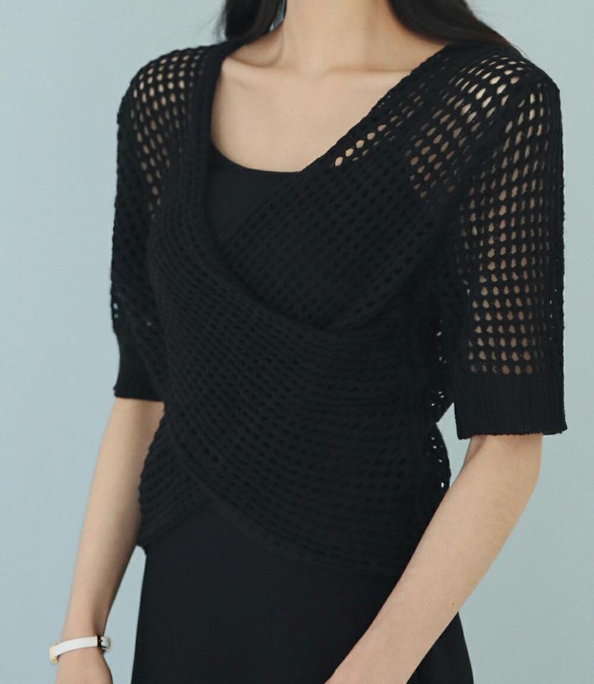 ネットクロップドラップニット・全2色・b00280 レディース 【tops】トップス 半袖 ニット 透け感 シアー ネット クロップド丈 ラップ 鎖骨 デコルテ 肌見せ 単色 柄 模様 Vネック 春 夏 カジュアル 大人っぽ 韓国ファッション ハイホリHIHOLLI
