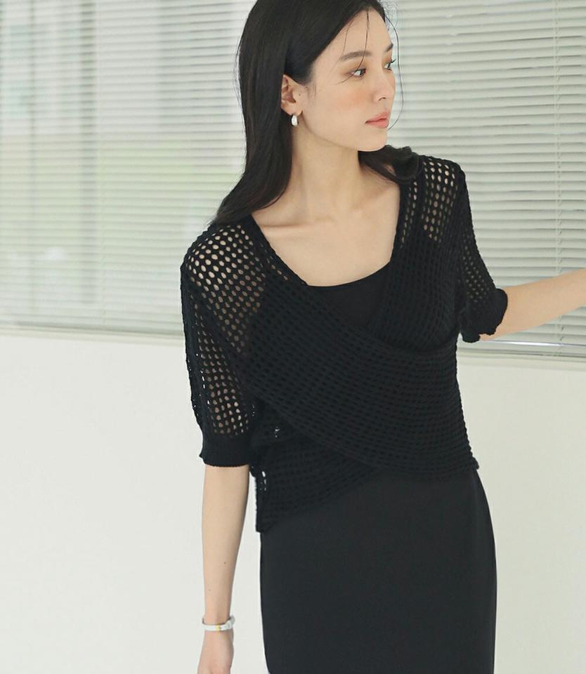 ネットクロップドラップニット・全2色・b00280 レディース 【tops】トップス 半袖 ニット 透け感 シアー ネット クロップド丈 ラップ 鎖骨 デコルテ 肌見せ 単色 柄 模様 Vネック 春 夏 カジュアル 大人っぽ 韓国ファッション ハイホリHIHOLLI