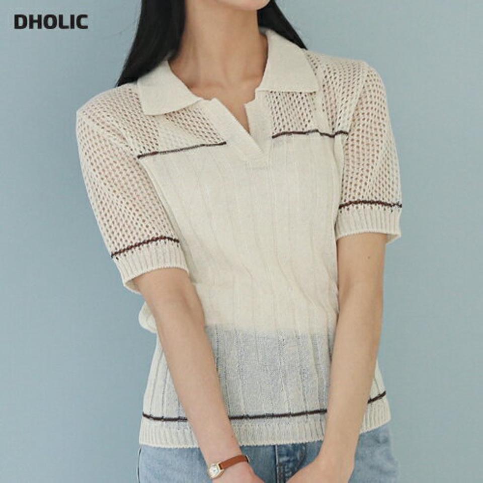 メュシュ配色ラインカラーニット・全3色・t00289 レディース 【tops】トップス 半袖 ニット 配色 柄 模様 透け感 シアー メッシュ ライン シンプル パンチング 春 夏 カジュアル かわいい 可愛い ユニーク 韓国ファッション ハイホリHIHOLLI