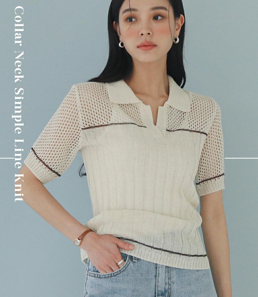 メュシュ配色ラインカラーニット・全3色・t00289 レディース 【tops】トップス 半袖 ニット 配色 柄 模様 透け感 シアー メッシュ ライン シンプル パンチング 春 夏 カジュアル かわいい 可愛い ユニーク 韓国ファッション ハイホリHIHOLLI