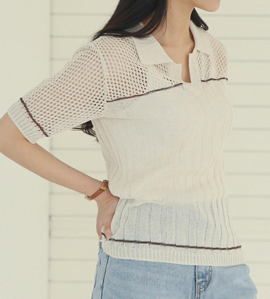 メュシュ配色ラインカラーニット・全3色・t00289 レディース 【tops】トップス 半袖 ニット 配色 柄 模様 透け感 シアー メッシュ ライン シンプル パンチング 春 夏 カジュアル かわいい 可愛い ユニーク 韓国ファッション ハイホリHIHOLLI