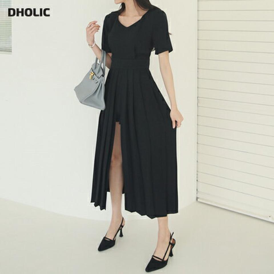 プリーツスリット半袖オールインワン・全3色・t00281 レディース 【ops】オールインワン 単色 無地 シンプル 半袖 プリーツ スリット セクシー パステル 揺れ感 ハイウエスト フレア ショート丈 パンツ 春 夏 大人 韓国ファッション ハイホリHIHOLLI