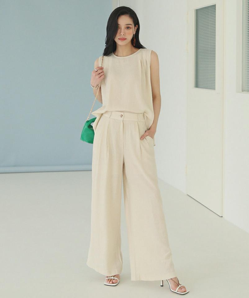 リンクルアンバランスノースリーブ&スリットタックスラックスSET・全2色・b00283 レディース 【pt】セットアップ セット ロング丈 ノースリーブ スリーブレス 単色 無地 シンプル ベーシック 春 夏 カジュアル 大人 韓国ファッション ハイホリHIHOLLI