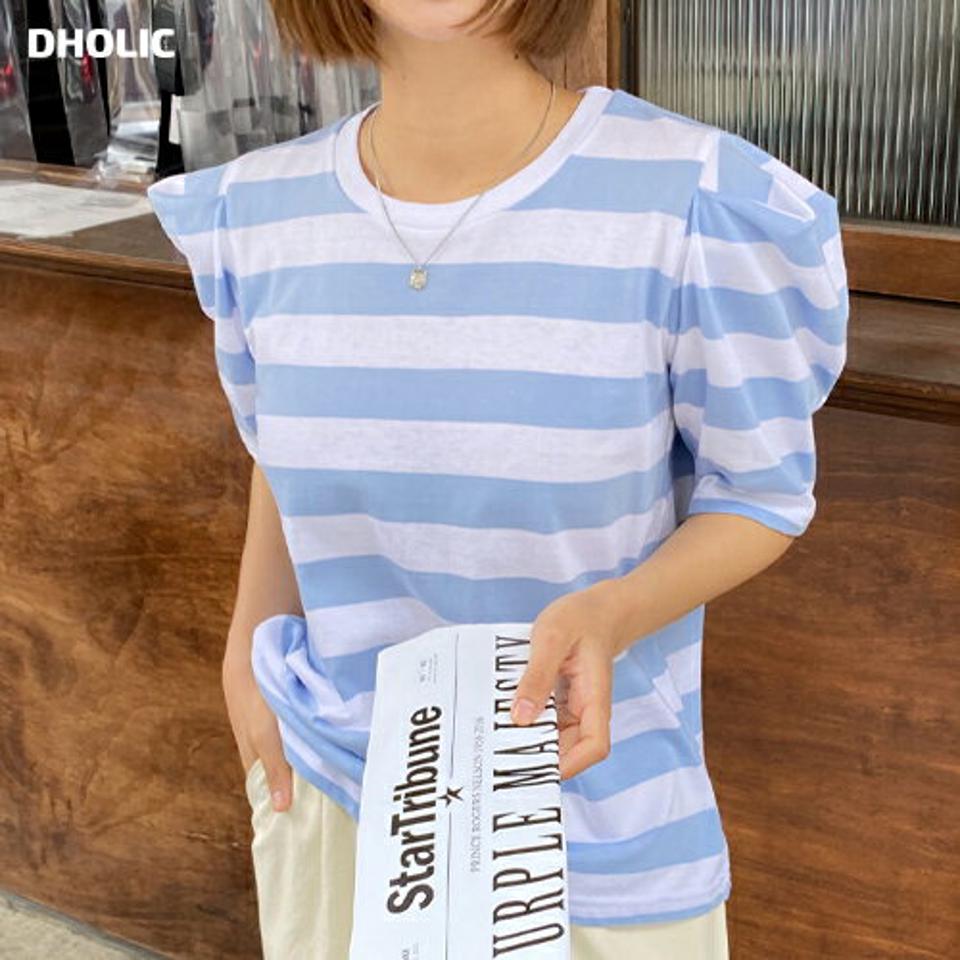 ボーダーパフTシャツ・全3色・t00791 レディース 【tops】韓国ファッション トップス Tシャツ 大人 半袖 ラウンドネック ボーダー 配色 ハーフパフスリーブ ルーズ シンプル フェミニン カジュアル デイリー 夏 春 秋
