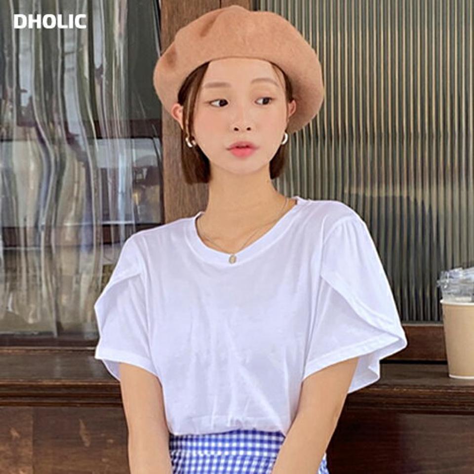 チューリップスリーブTシャツ・全3色・b00792 レディース 【tops】韓国ファッション トップス Tシャツ 大人 半袖 ラウンドネック チューリップスリーブ コットン 綿 カーブスリット 無地 シンプル フェミニン カジュアル 夏 春 秋