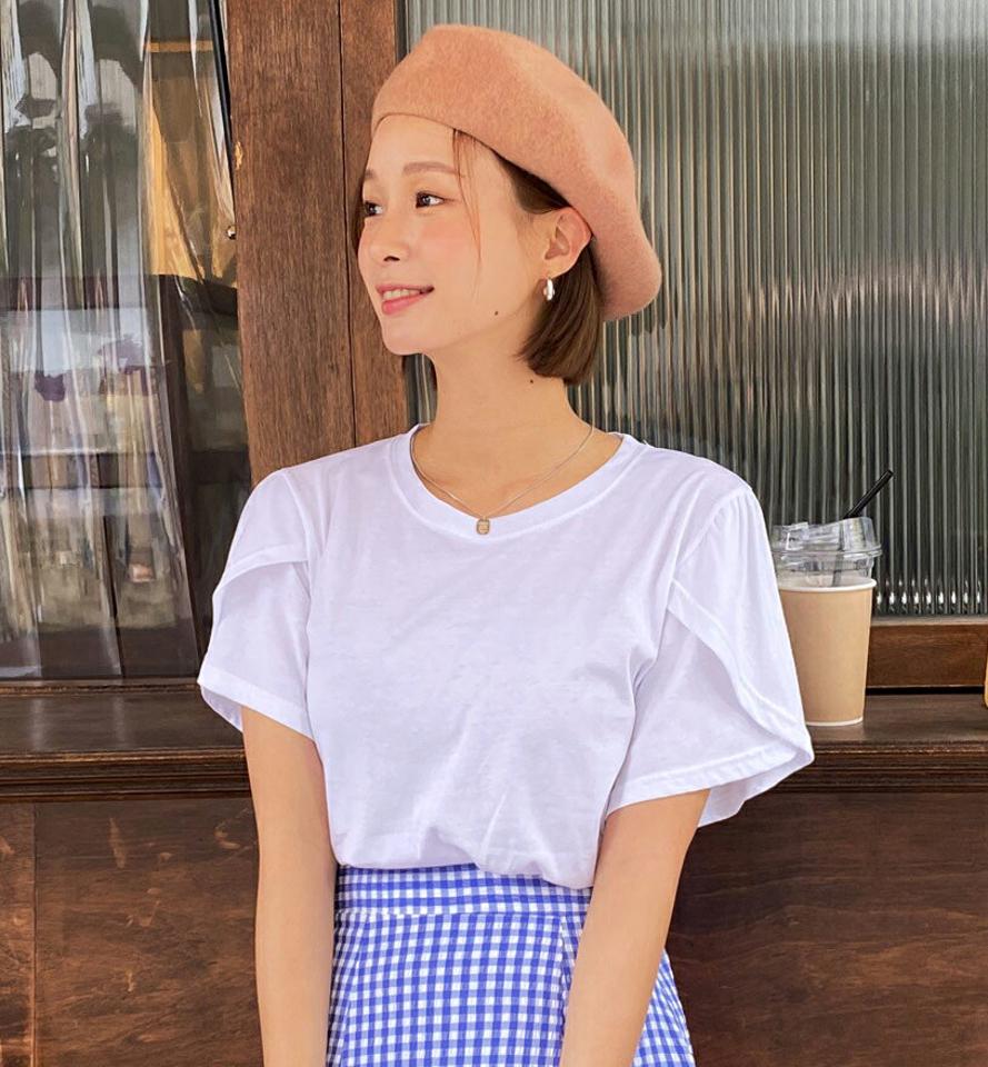 チューリップスリーブTシャツ・全3色・b00792 レディース 【tops】韓国ファッション トップス Tシャツ 大人 半袖 ラウンドネック チューリップスリーブ コットン 綿 カーブスリット 無地 シンプル フェミニン カジュアル 夏 春 秋