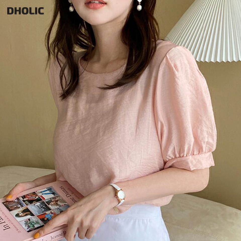 ラウンドパフブラウス・全7色・t00794 レディース 【bl】韓国ファッション トップス ブラウス 半袖 ラウンドネック パフスリーブ かわいい 可愛い パステルカラー 無地 シンプル 体型カバー ピンク カジュアル フェミニン 夏 春 秋