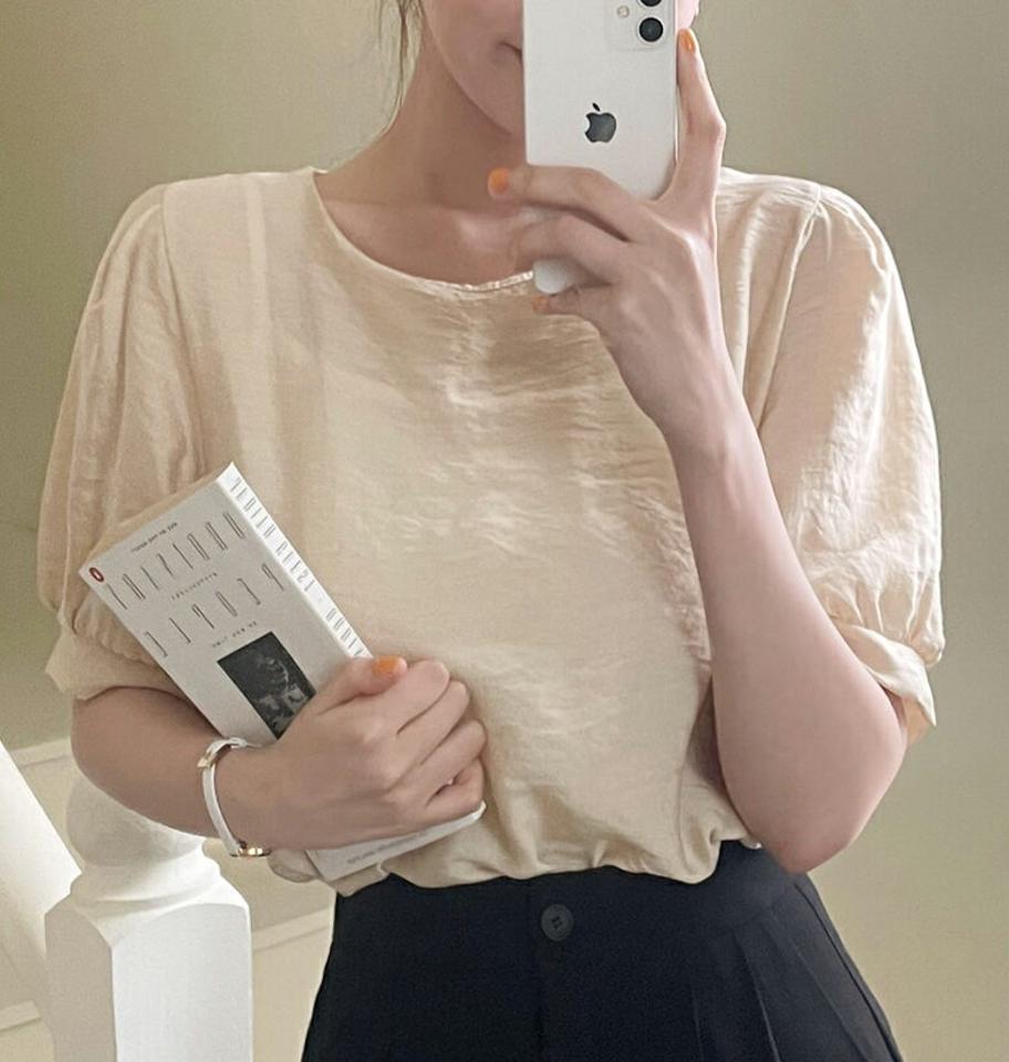 ラウンドパフブラウス・全7色・t00794 レディース 【bl】韓国ファッション トップス ブラウス 半袖 ラウンドネック パフスリーブ かわいい 可愛い パステルカラー 無地 シンプル 体型カバー ピンク カジュアル フェミニン 夏 春 秋