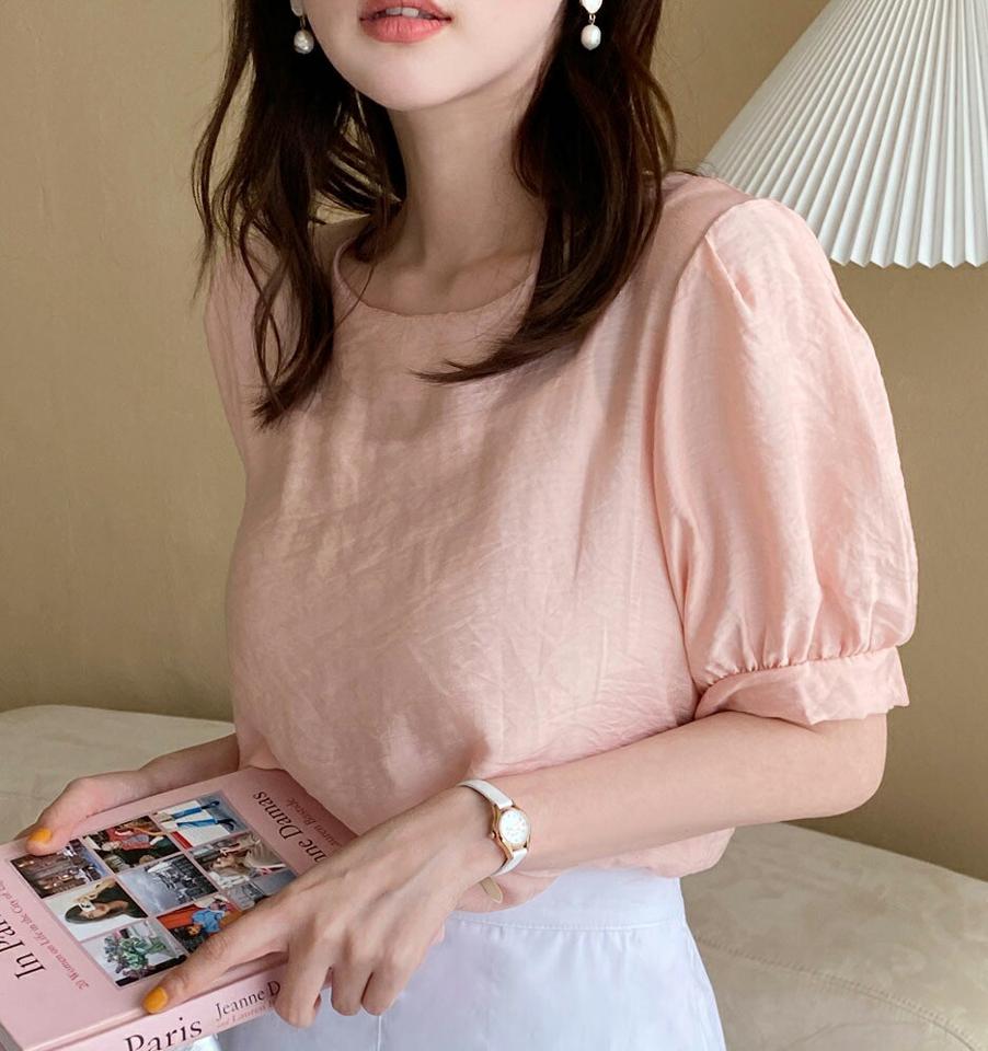 ラウンドパフブラウス・全7色・t00794 レディース 【bl】韓国ファッション トップス ブラウス 半袖 ラウンドネック パフスリーブ かわいい 可愛い パステルカラー 無地 シンプル 体型カバー ピンク カジュアル フェミニン 夏 春 秋