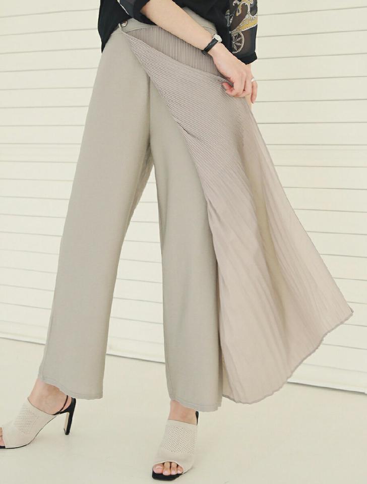 プリーツラップパンツ・全3色・b00284 レディース 【pt】パンツ ロング丈 プリーツ 単色 無地 シンプル ハイウエスト ユニーク スカラップ 揺れ感 体型カバー 楽ちん ゆったり 春 夏 カジュアル きれいめ フェミニン 韓国ファッション ハイホリHIHOLLI