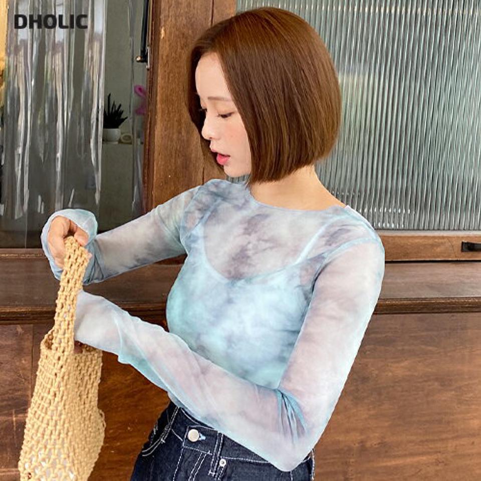 シアータイダイパターンTシャツ・全2色・t00795 レディース 【tops】韓国ファッション トップス Tシャツ 大人 長袖 ラウンドネック タイダイパターン シースルー シアー 透け感 シンプル フェミニン カジュアル y2k デイリー 夏 春 秋
