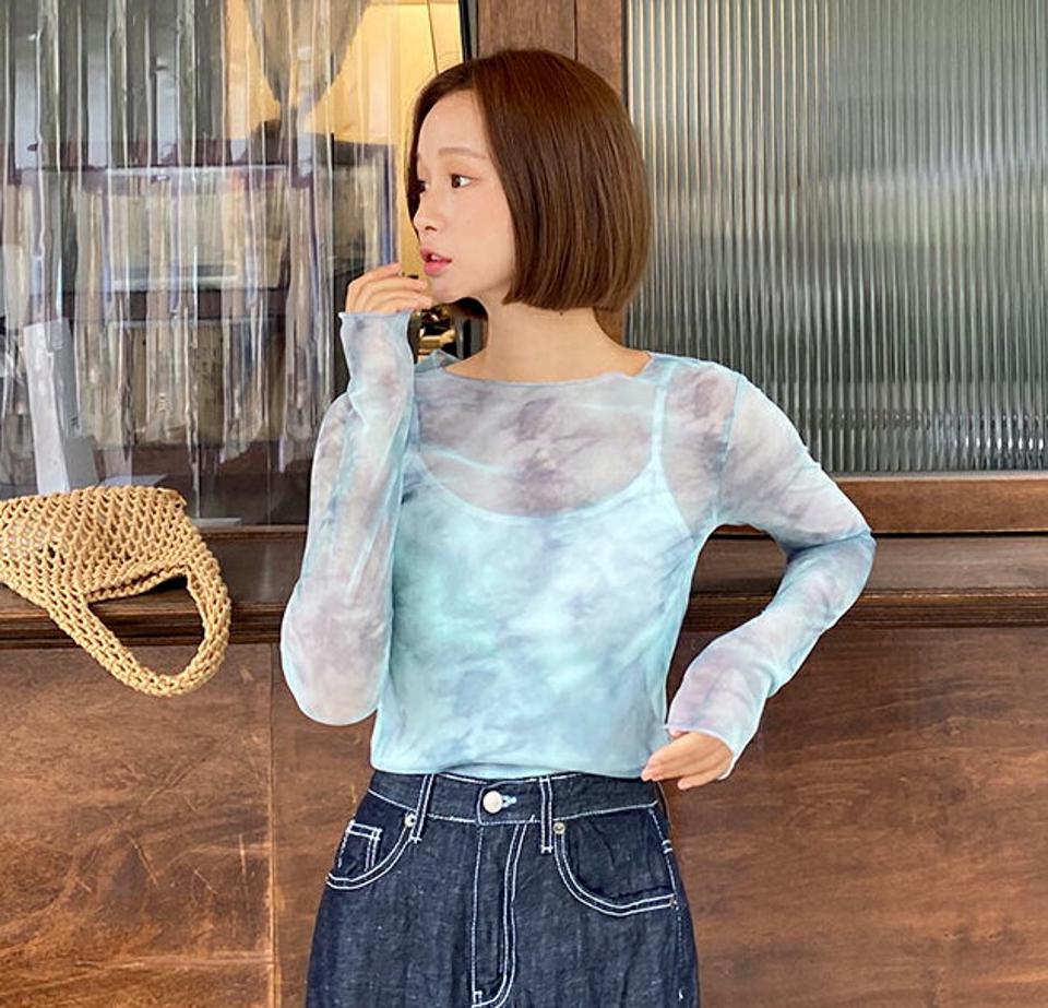 シアータイダイパターンTシャツ・全2色・t00795 レディース 【tops】韓国ファッション トップス Tシャツ 大人 長袖 ラウンドネック タイダイパターン シースルー シアー 透け感 シンプル フェミニン カジュアル y2k デイリー 夏 春 秋